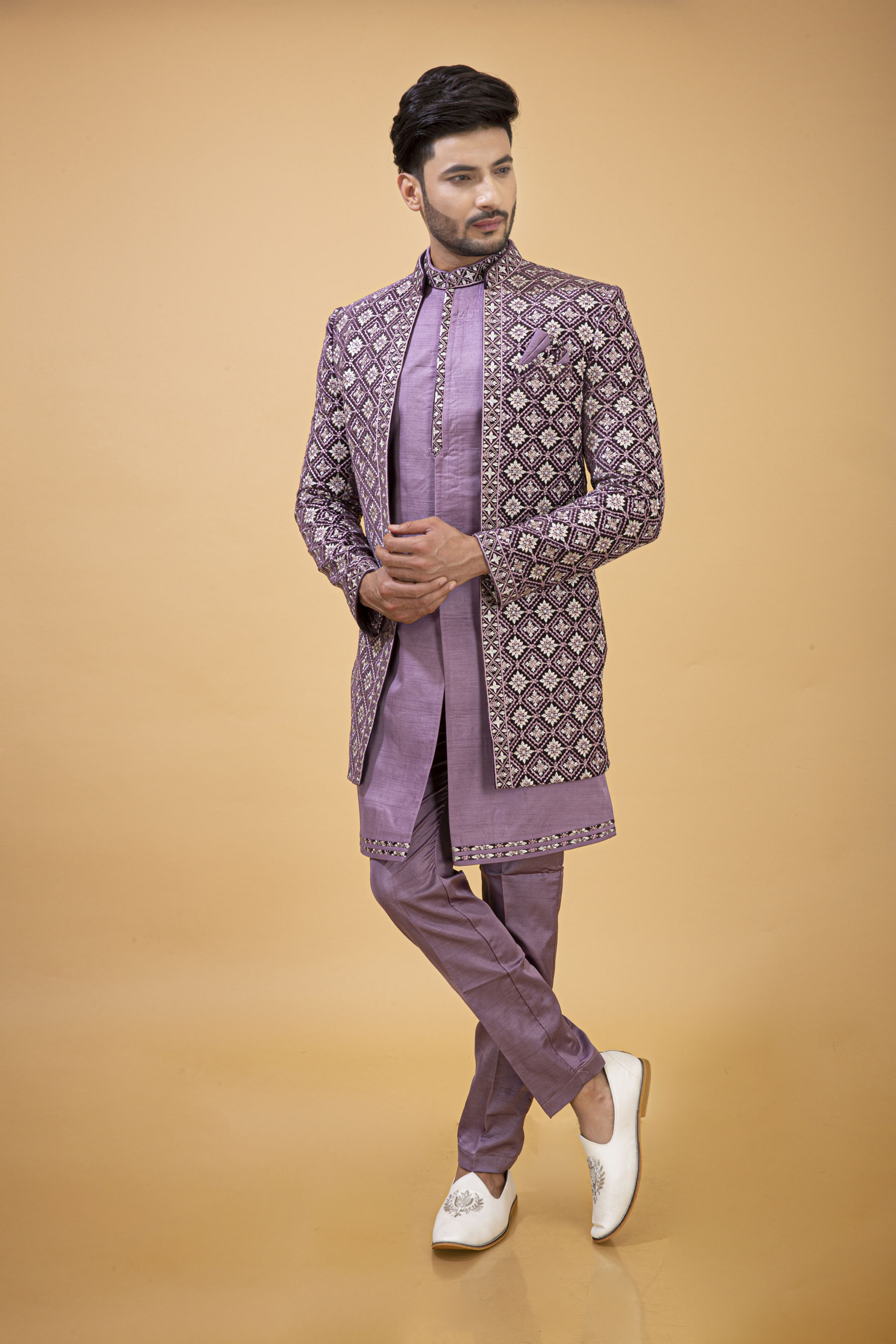 DARK LILAC SELF WORK JACKET WITH KURTA