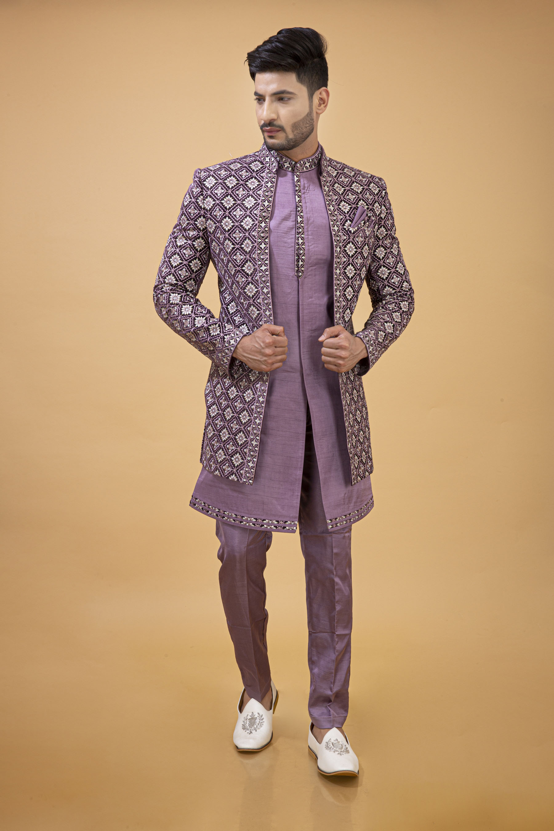 DARK LILAC SELF WORK JACKET WITH KURTA