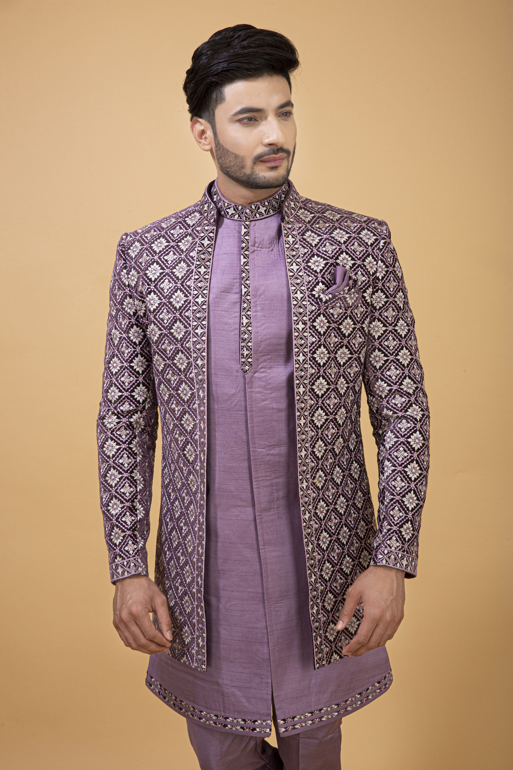 DARK LILAC SELF WORK JACKET WITH KURTA