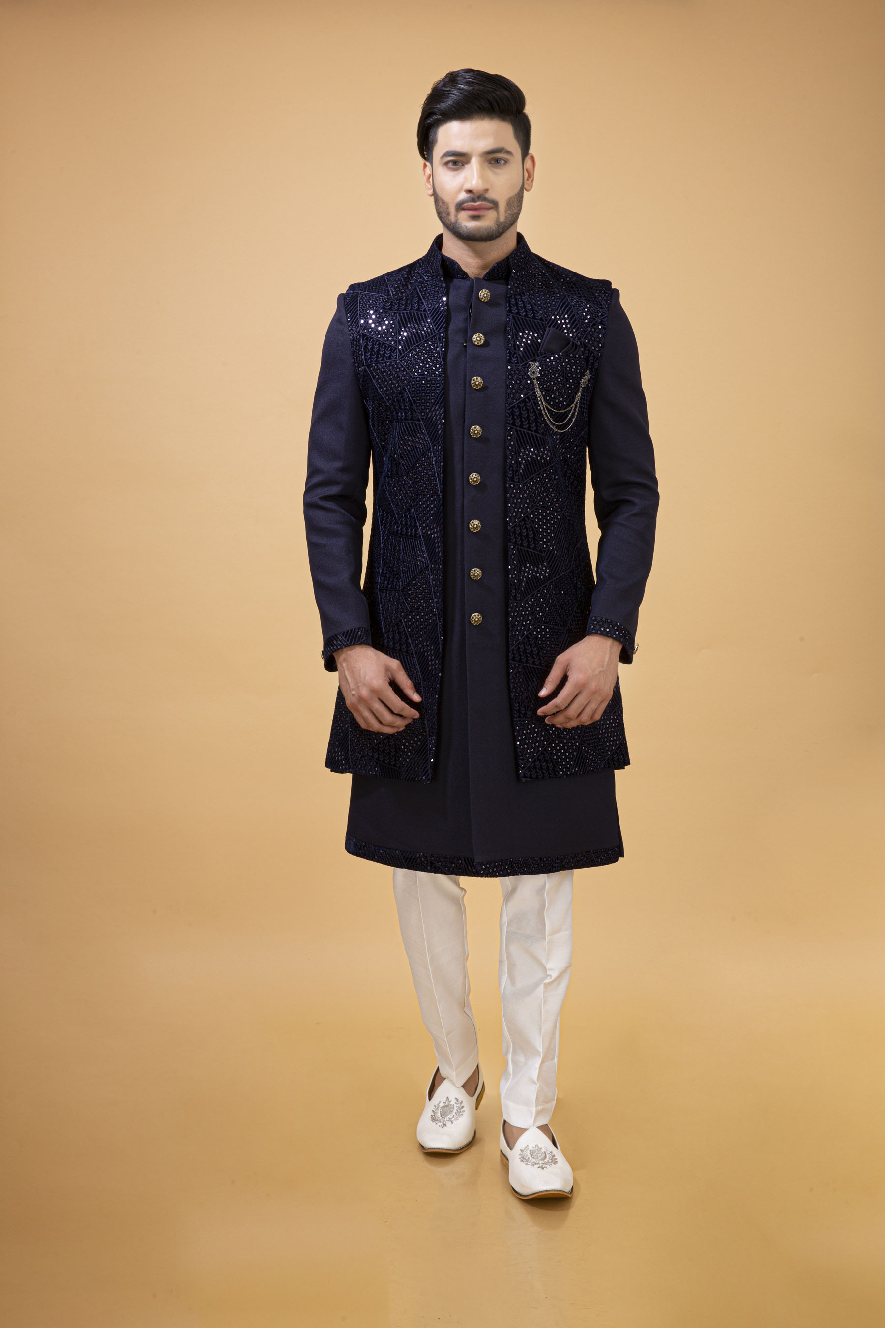 NAVY BLUE NAWABI WITH VELVET LONG JACKET