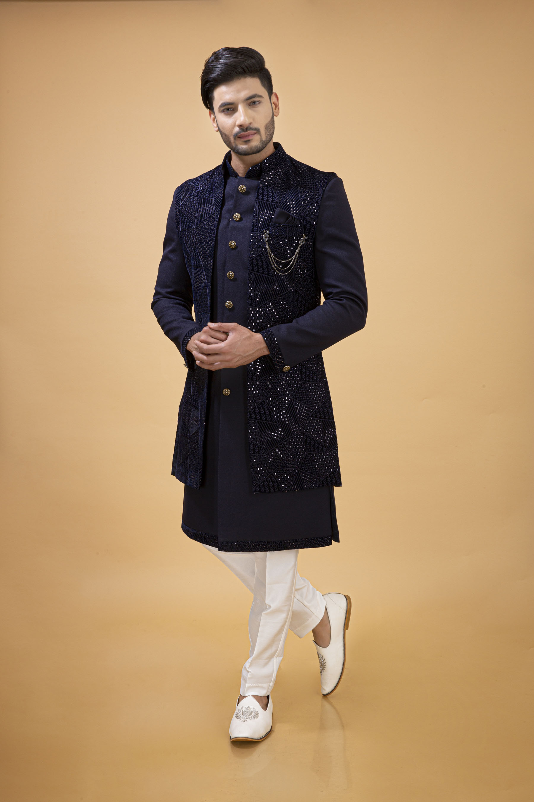 NAVY BLUE NAWABI WITH VELVET LONG JACKET