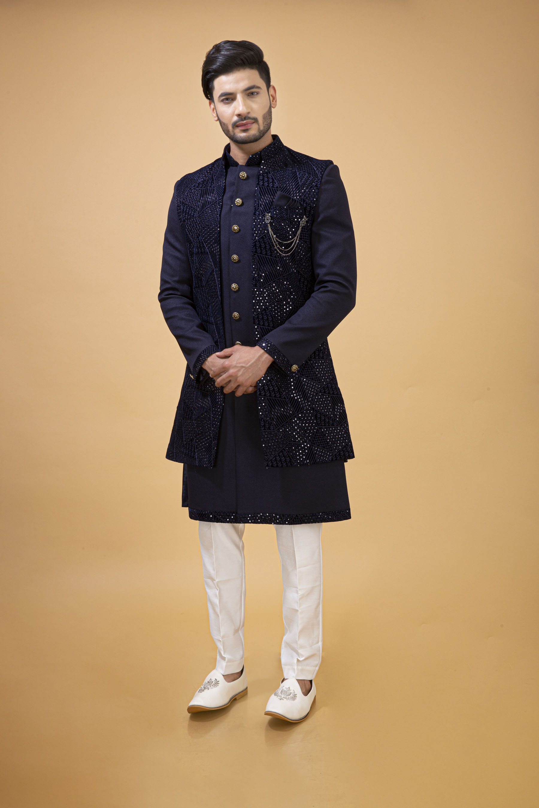 NAVY BLUE NAWABI WITH VELVET LONG JACKET