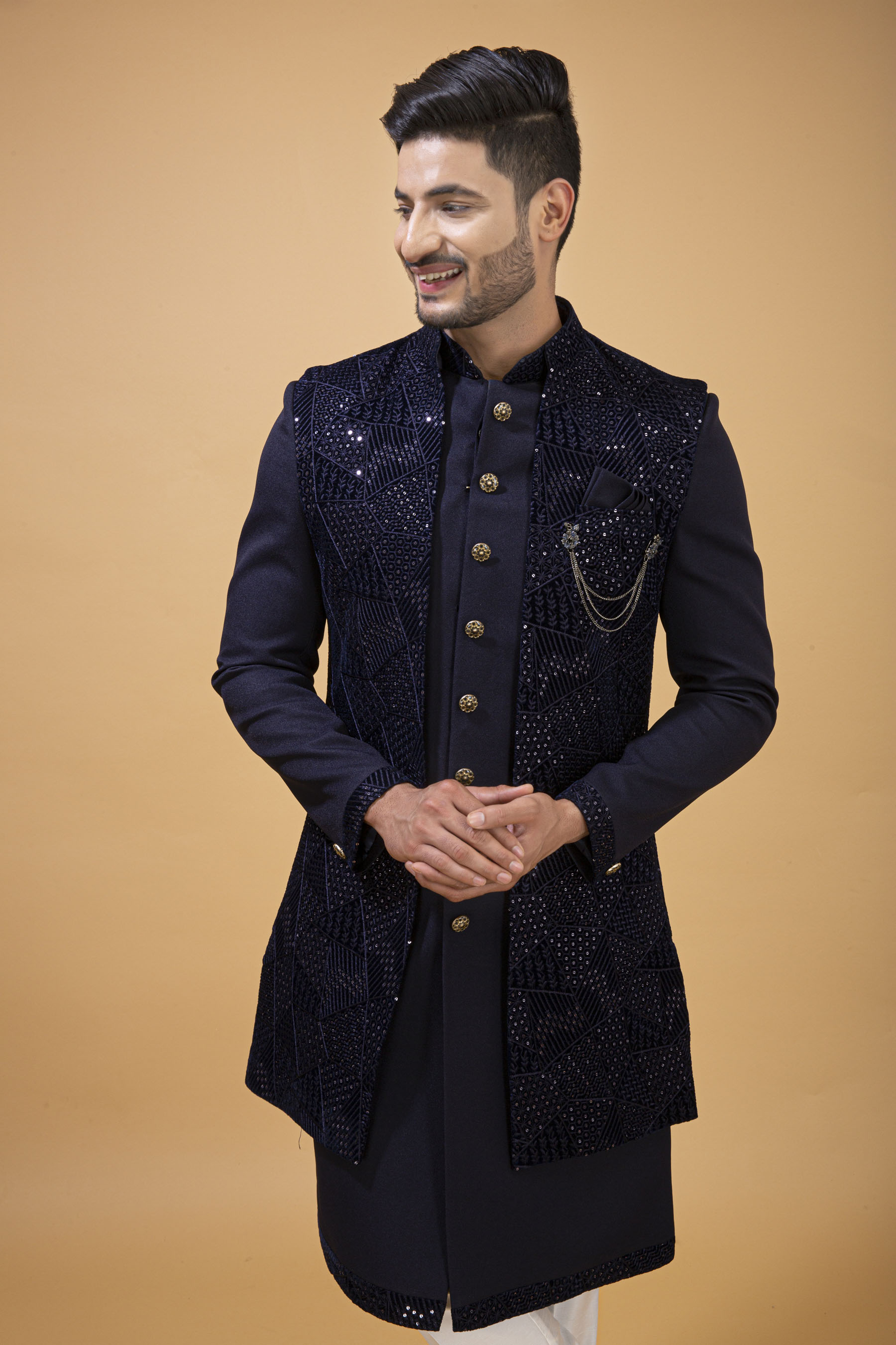 NAVY BLUE NAWABI WITH VELVET LONG JACKET