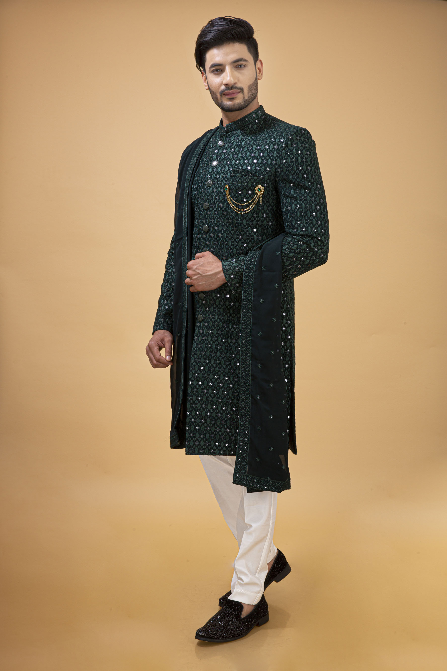 DARK GREEN ALL OVER WORK NAWABI WITH KHESH