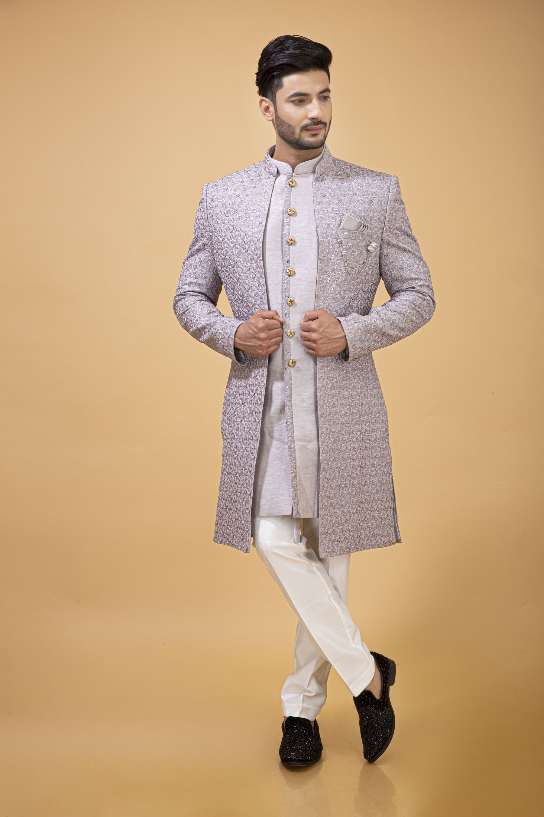 EMBROIDERED GREY NAWABI WITH LONG JACKET