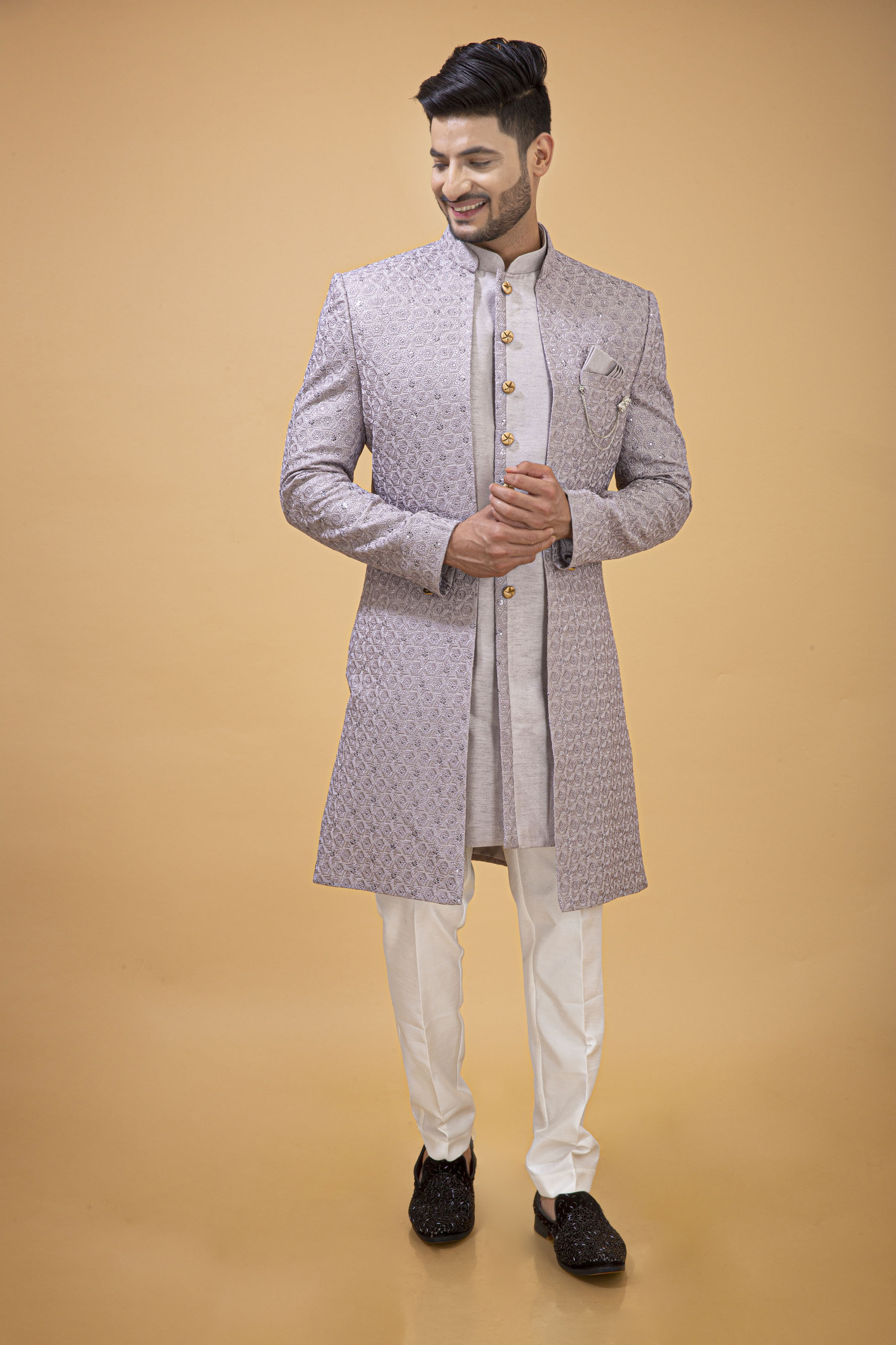 EMBROIDERED GREY NAWABI WITH LONG JACKET