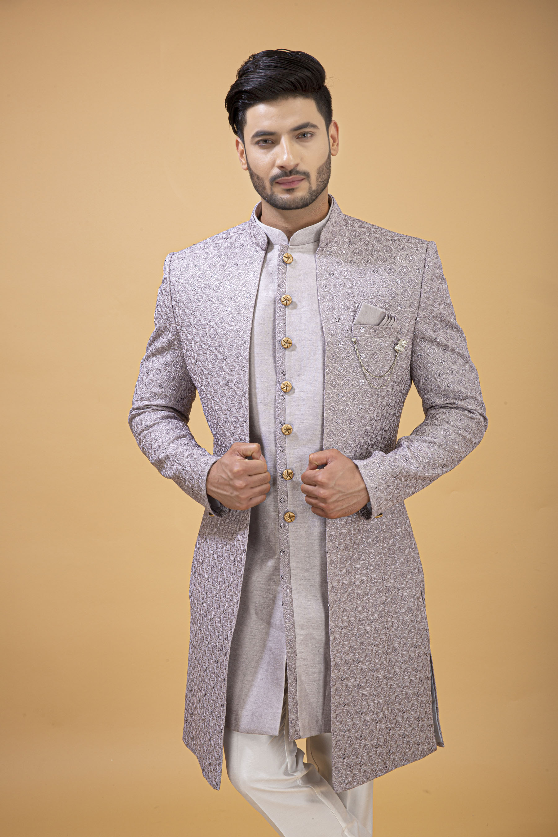 EMBROIDERED GREY NAWABI WITH LONG JACKET