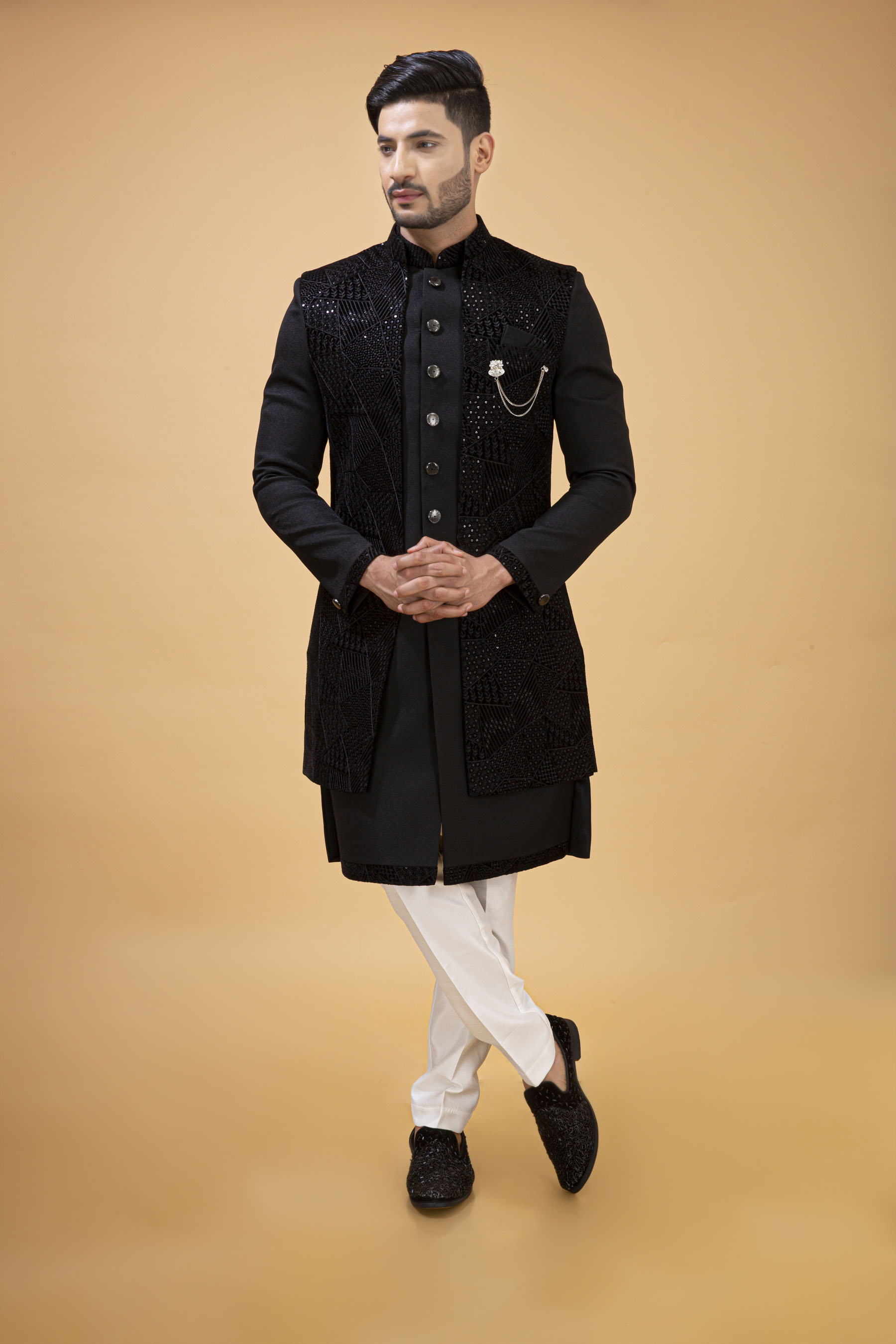 BLACK NAWABI WITH VELVET LONG JACKET