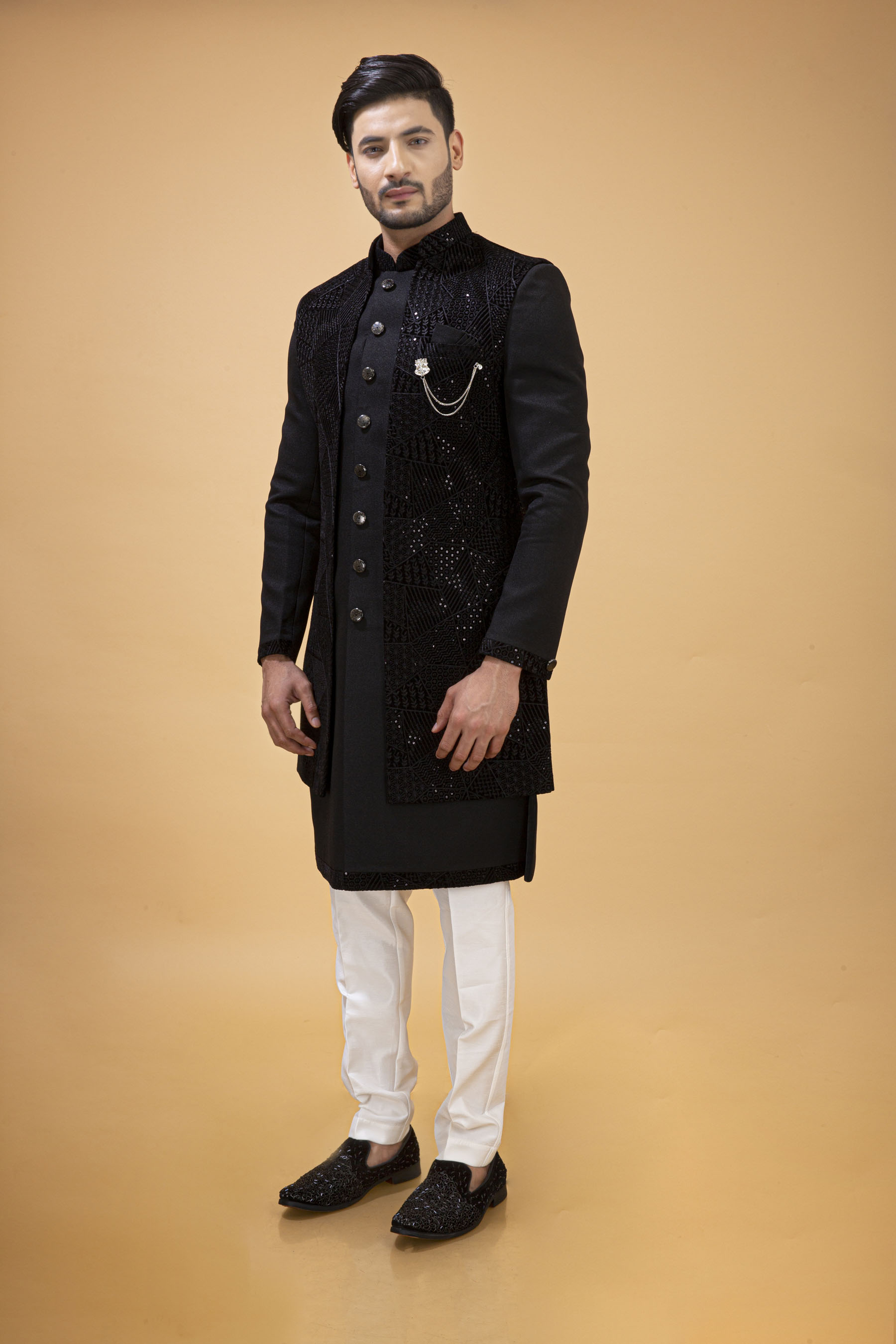 BLACK NAWABI WITH VELVET LONG JACKET