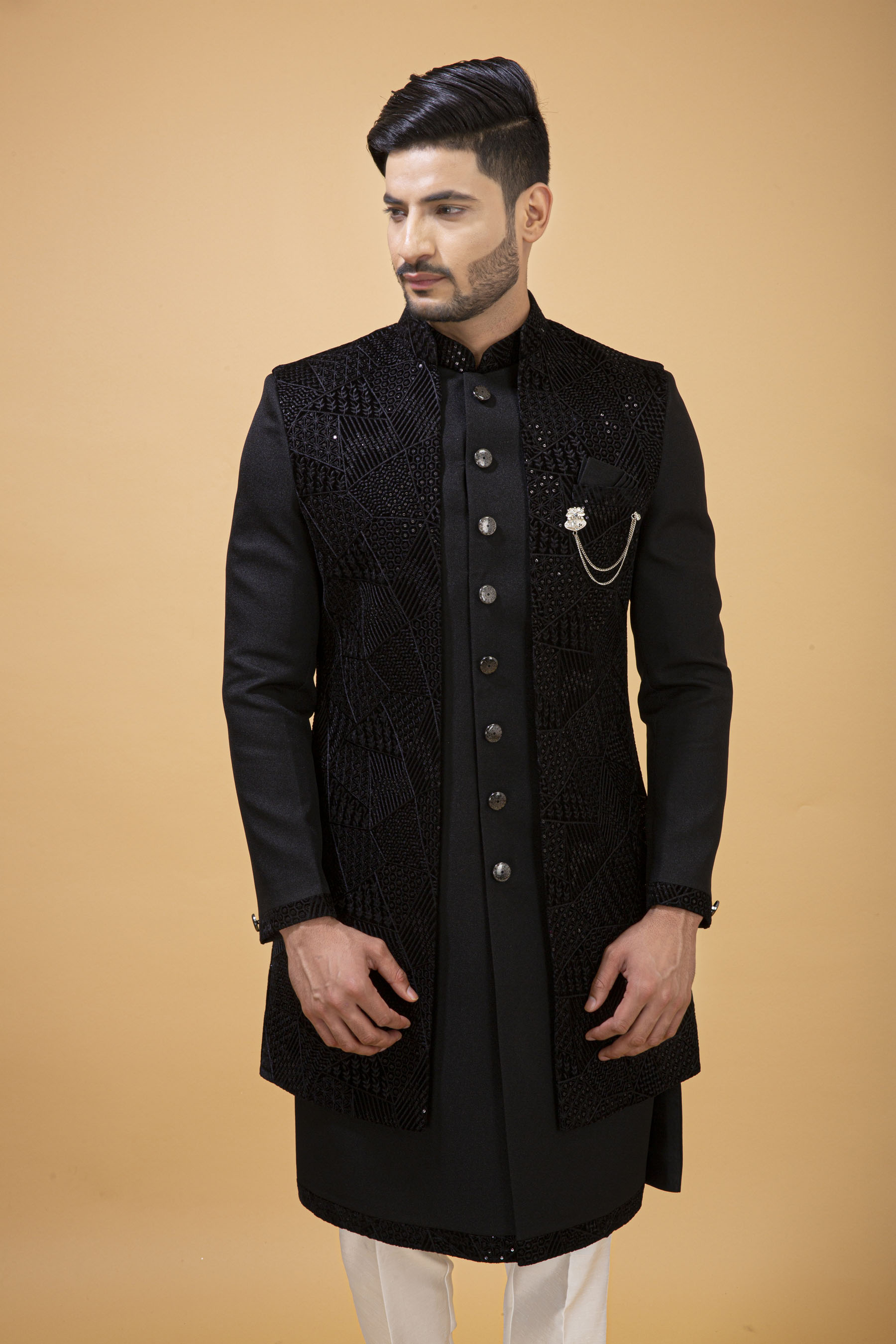 BLACK NAWABI WITH VELVET LONG JACKET