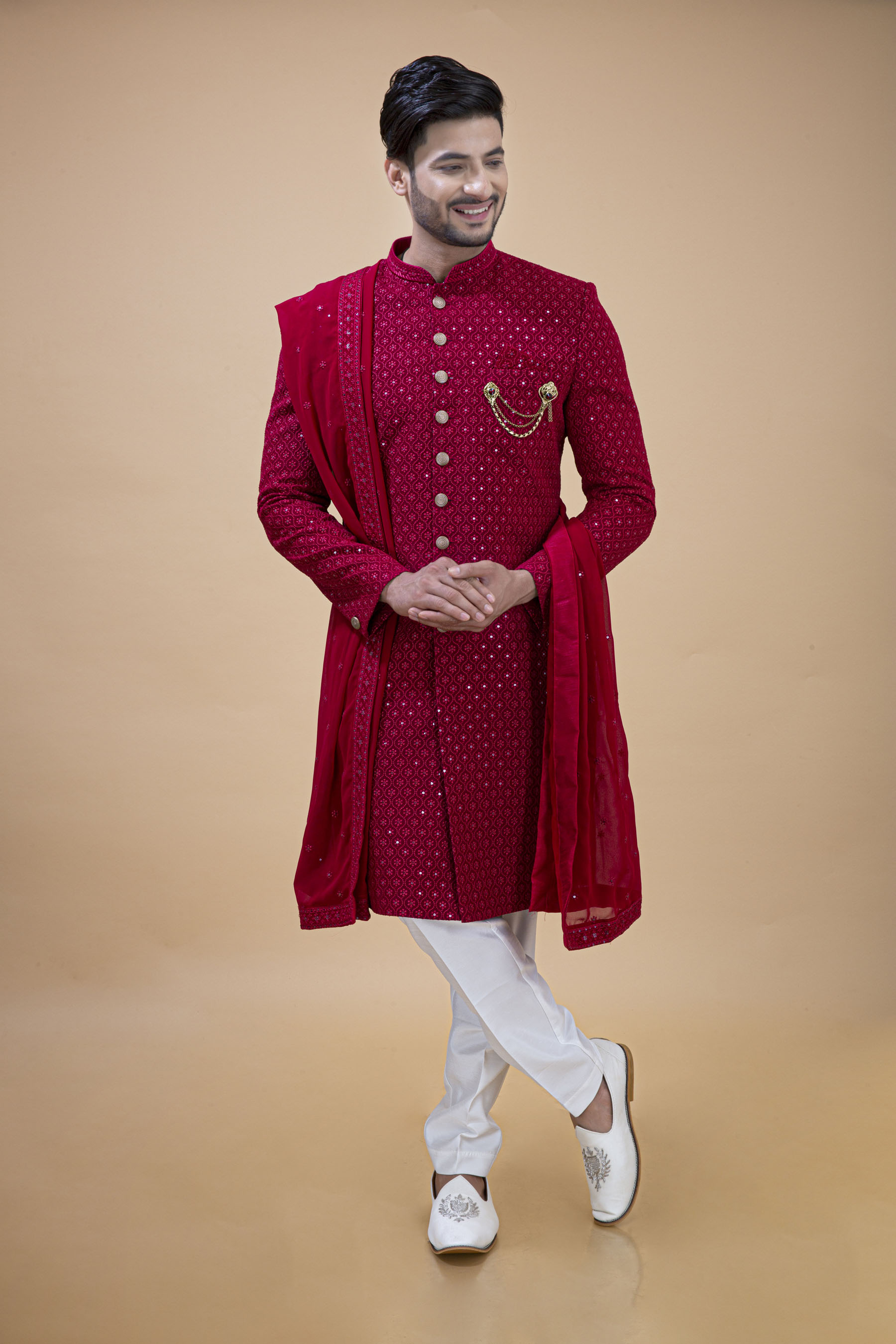 REDDISH PINK ALL OVER WORK NAWABI WITH KHESH