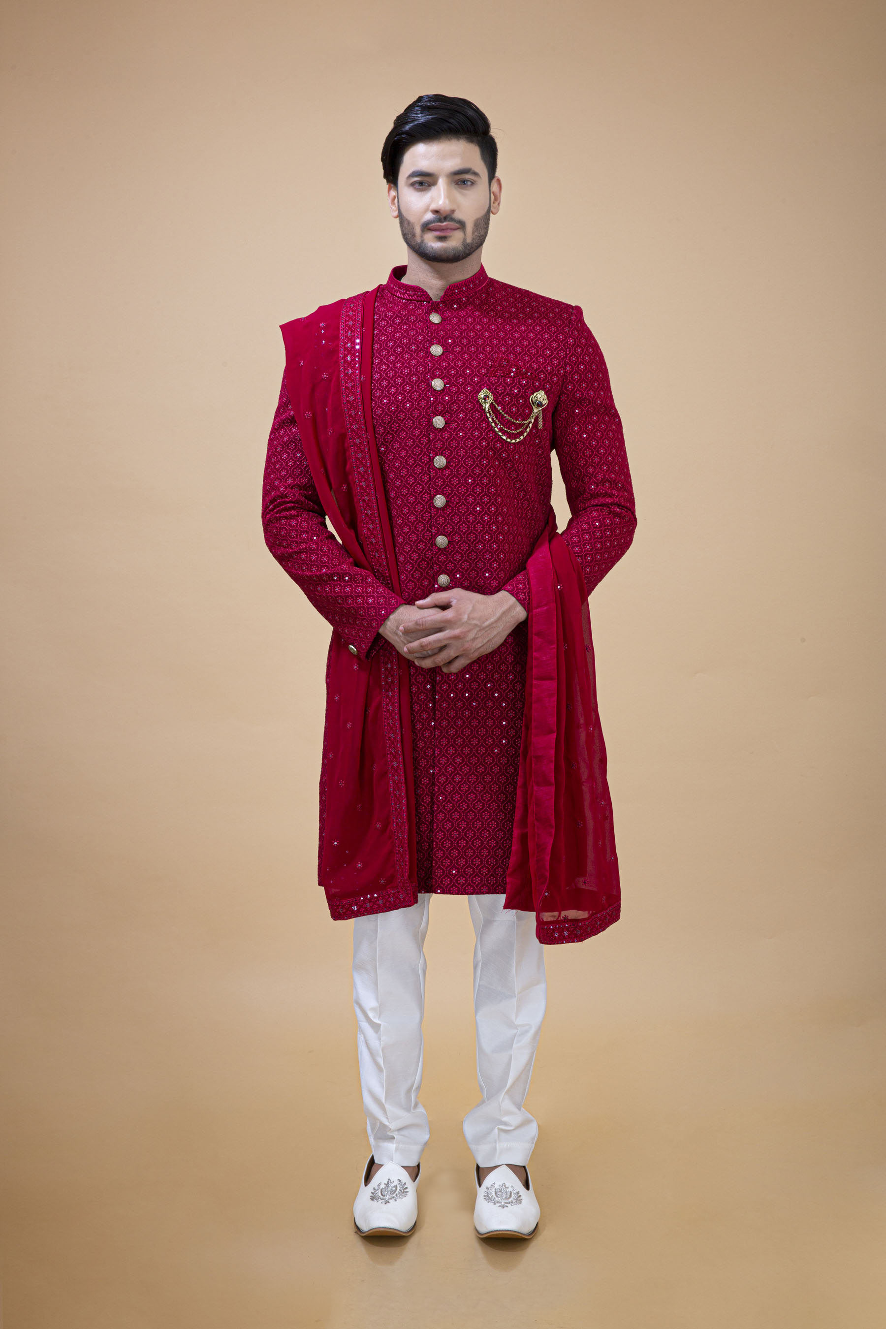 REDDISH PINK ALL OVER WORK NAWABI WITH KHESH