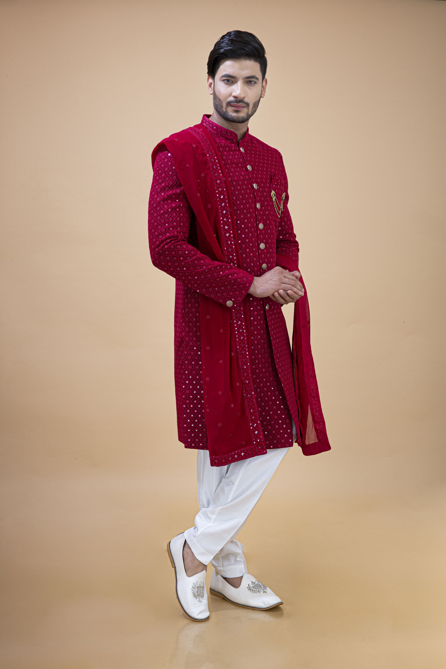 REDDISH PINK ALL OVER WORK NAWABI WITH KHESH