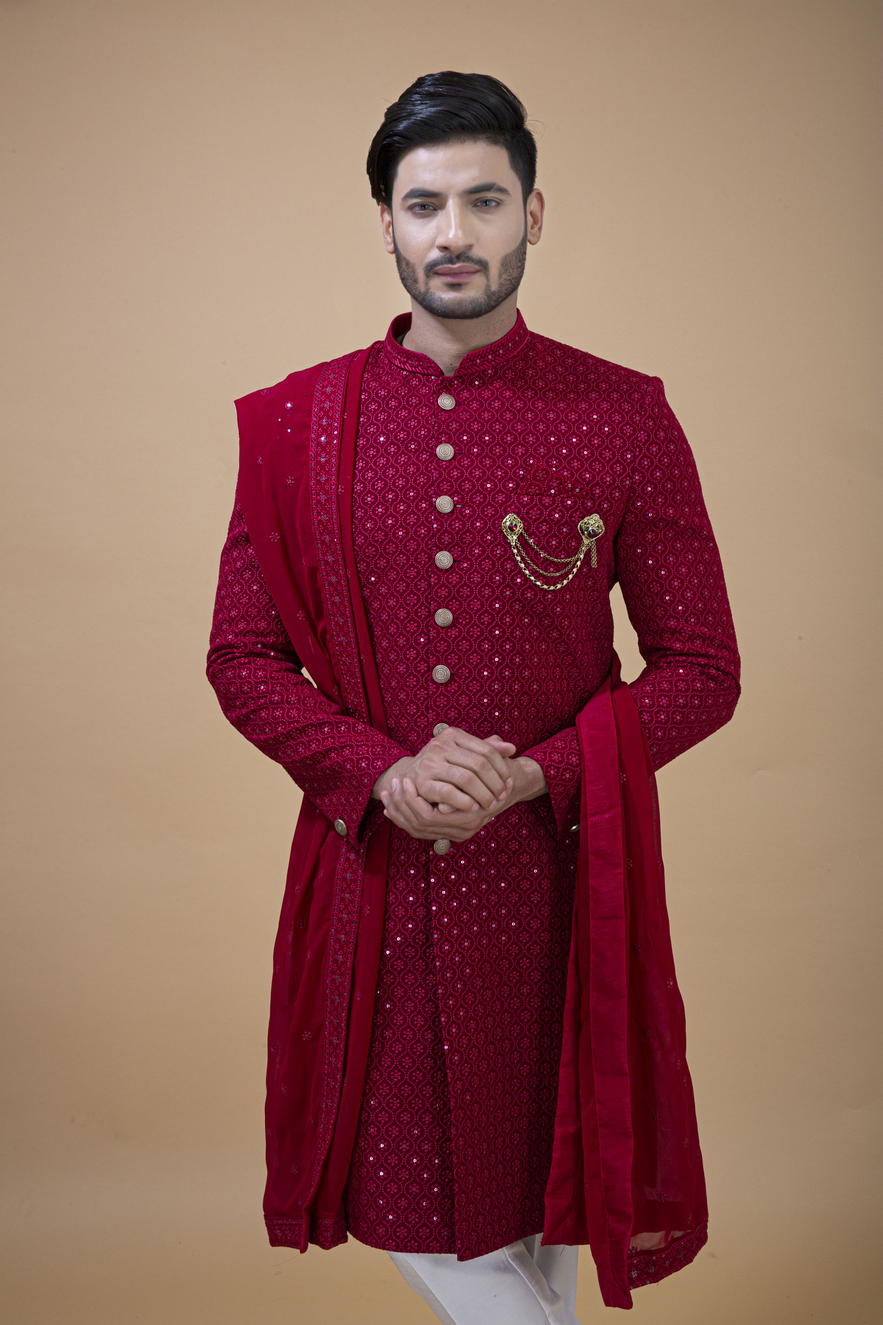 REDDISH PINK ALL OVER WORK NAWABI WITH KHESH