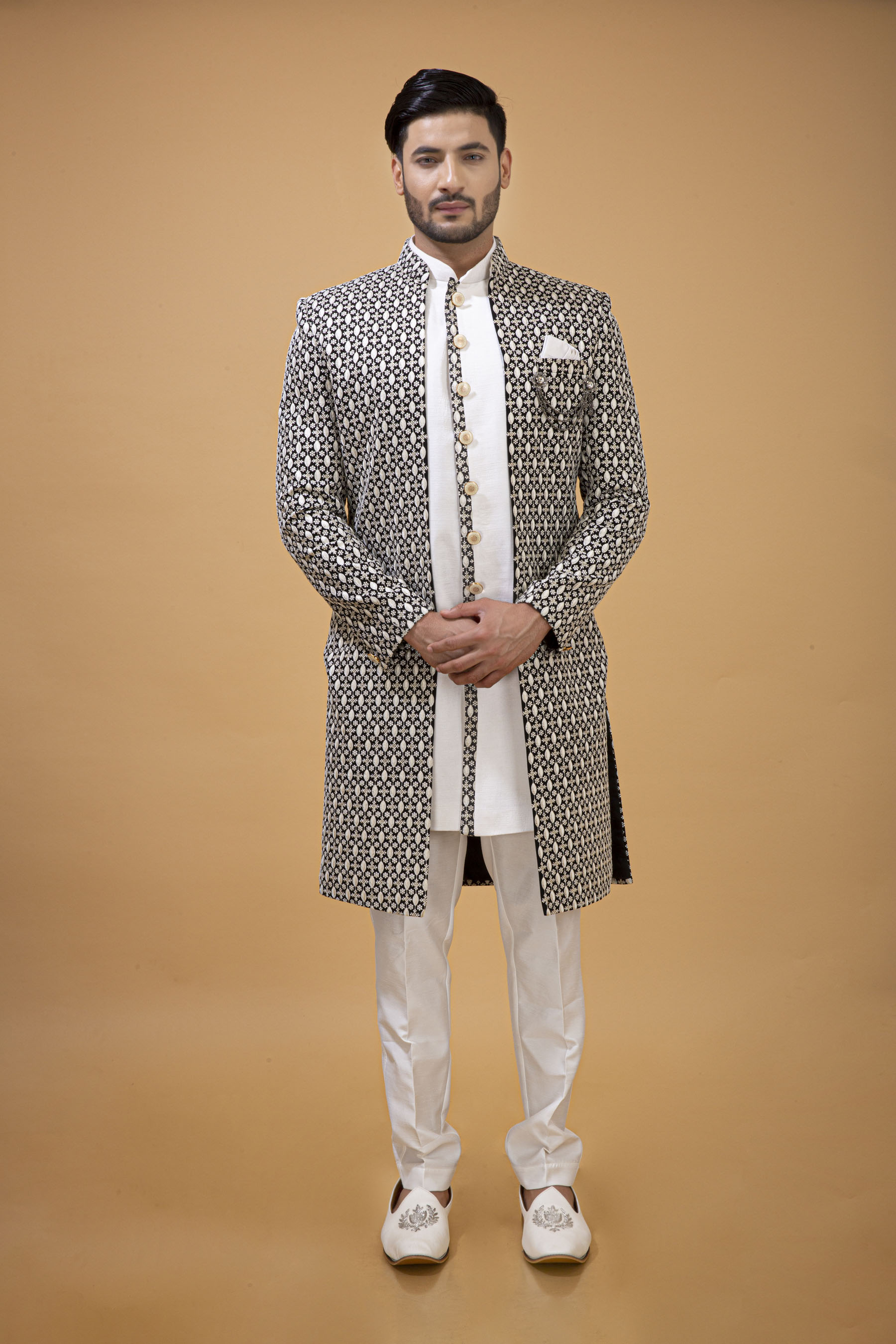 BLACK OPEN NAWABI WITH OFFWHITE THREAD EMBROIDERY 