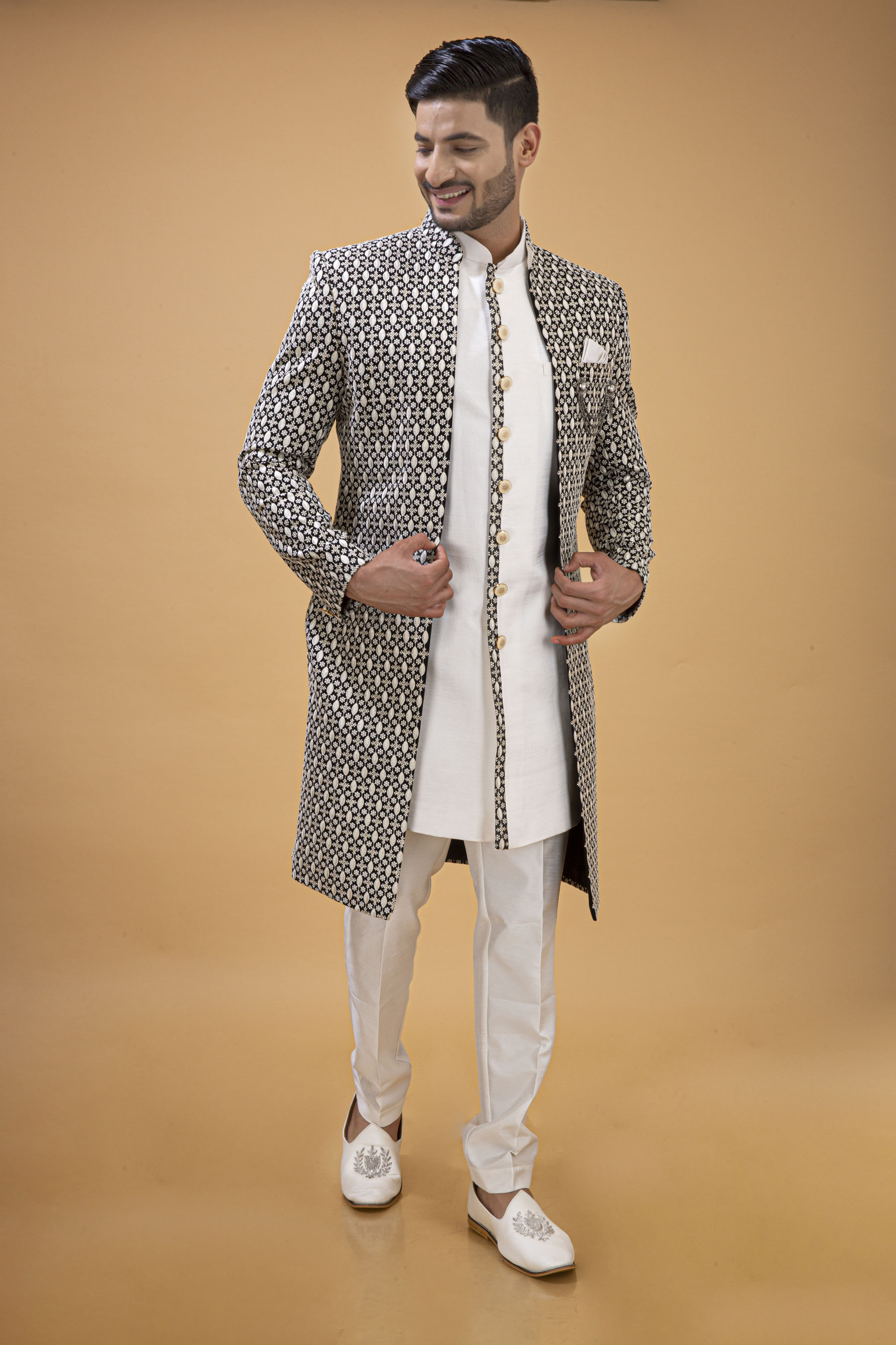 BLACK OPEN NAWABI WITH OFFWHITE THREAD EMBROIDERY 