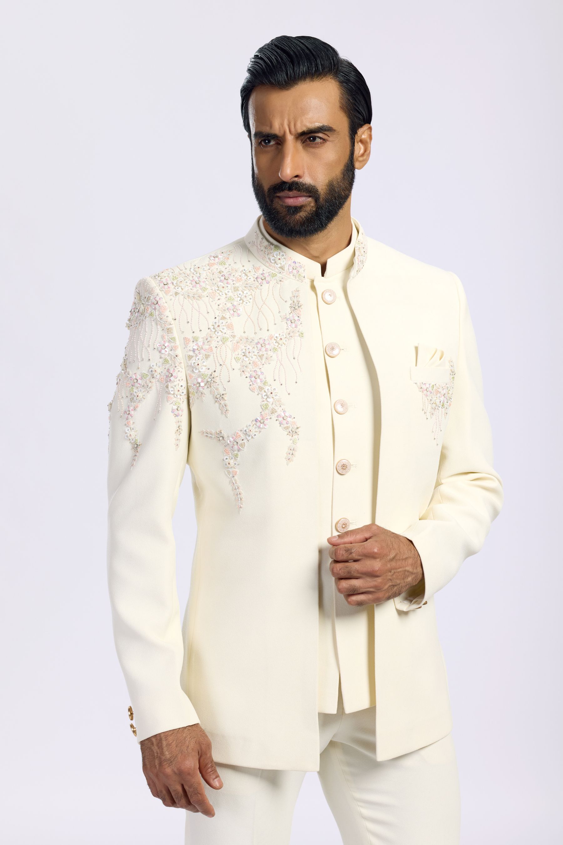 IVORY WITH PASTEL FLORAL WORK 